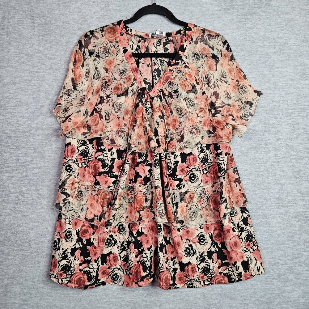 Lucky Brand Women's Ruffled Rose Printed Lace Up Tiered Blouse Size 1X